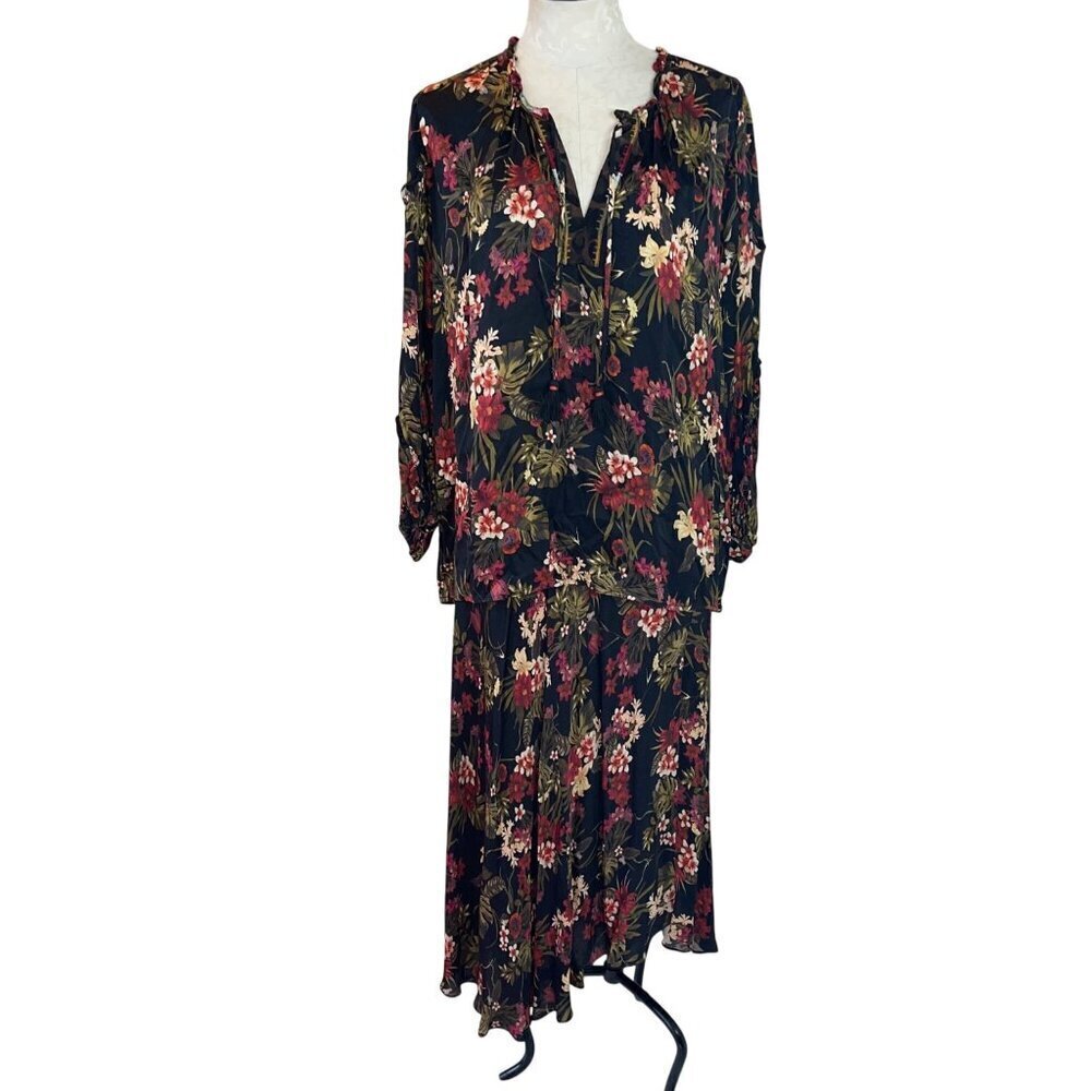 Johnny Was Womens Blouse Skirt Set Size S Black Ruffle Asymmetrical Maxi Floral